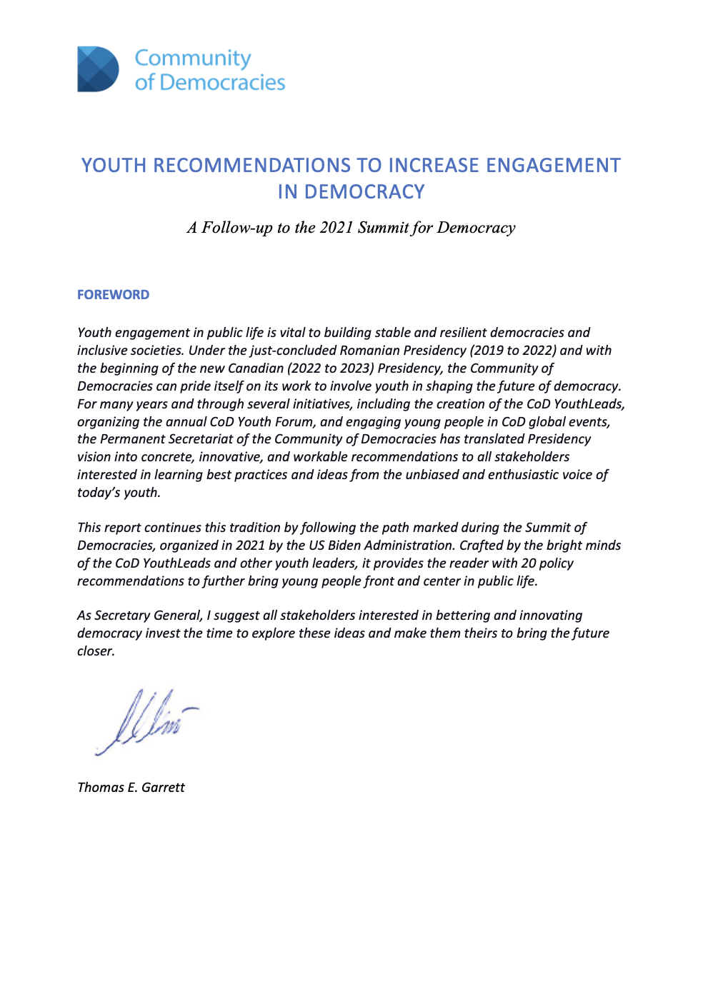 Youth Recommendations to Increase Engagement in Democracy