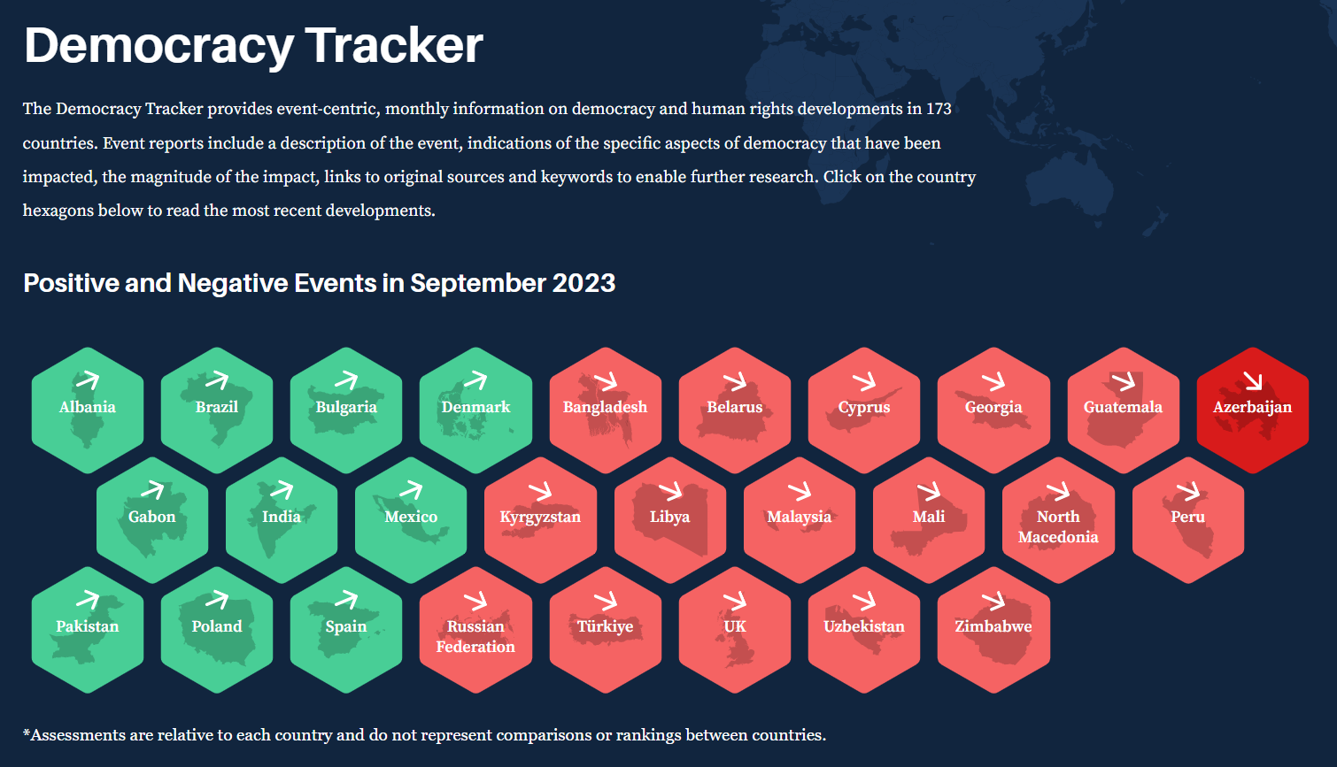 Democracy Tracker: Providing comprehensive qualitative data on events that impact the state of democracy at the country level, updated every month 